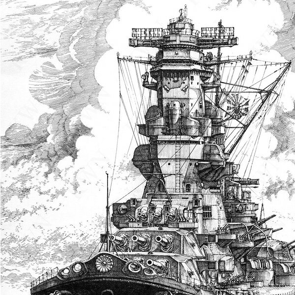 ペン画額縁セット 戦艦大和 その1 A3サイズ イラスト 複製 岡崎甫雄作 その他