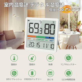 温湿度計 デジタル湿度計 室内温度計 壁掛け 卓上スタンド マグネット快適度表示 デート時計付き LCD見やすい大画面 白 梅雨対策 熱中症対策予防 肌の潤い インフル対策 健康管理 温湿度計測定器