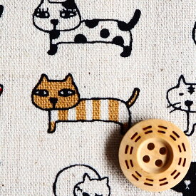 メーカー完売　綿麻 キャンバス生地 布 整列にゃんこ KTS3706Aキナリ 動物柄 ねこ 猫 コットンこばやし 商用利用可能