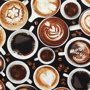 輸入 USAコットン 生地 布 コーヒーカップス C7257-BLACK コーヒー 珈琲 カフェラテ ラテアート タイムレストレジャーズ 商用利用可能