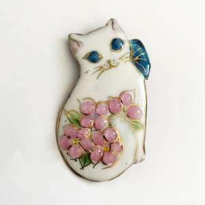 【UncleZ】 七宝焼き ブローチ お花と白猫