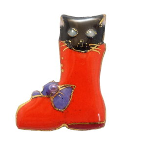 【UncleZ】 七宝焼き ピンブローチ ねこ(赤いブーツの黒猫)