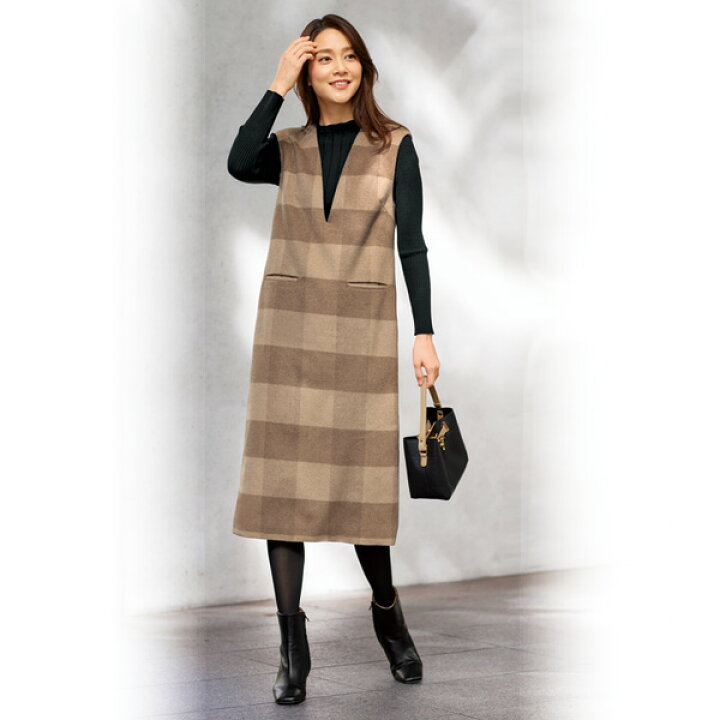 楽天市場 ワンピース レディース 春 ウール混ブロックチェックワンピース 大きいサイズ M L Ll 3l 40代 50代 60代 70代 ミセスファッション シニアファッション 服 京都通販 ミセスのファッション館