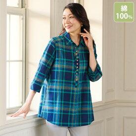 ブラウス 50代 60代 70代 80代 ミセスファッション シニアファッション 大人 おしゃれ レディース 春夏 服 / 格子柄多ボタンデザインブラウス