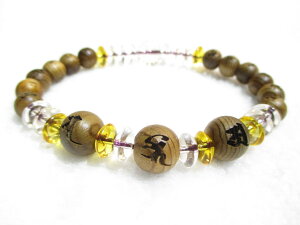 パワーストーン・京都/【薬師三尊(薬師如来、日光菩薩、月光菩薩)】【十二神将】守護梵字両面彫刻【神代杉】【そろばん珠(本水晶・黄水晶)】ブレスレット【伏見の京屋】