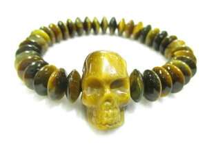 パワーストーン・京都/【魔除け、復活、再生、金運・仕事運】【スカル(髑髏)】彫刻【タイガーアイ(虎目石)】【そろばん珠二色(青・茶)タイガーアイ】数珠ブレスレット【伏見の京屋】