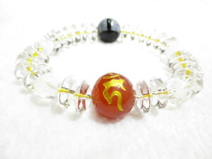 パワーストーン・京都/【本式数珠風(二親玉・四天)】【不動明王・守護梵字(カーン)彫刻カーネリアン】【般若心経彫刻オニキス】親玉16mm【四神獣(玄武・青龍・朱雀・白虎)彫刻本水晶】四