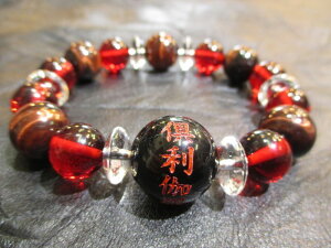 パワーストーン京屋/【一切の災いを打ち砕く、金運上昇、健康】【倶利伽羅龍王】【不動明王守護梵字(カンマン)】両面彫刻【モリオン(黒水晶)】【そろばん珠本水晶】【レッドアンバー】