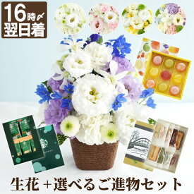 【あす楽＆日付指定可】 お彼岸 お供え物 お供え お菓子 5000円 贈り物 生花 仏花『 お供え花 アレンジ と ご進物 セット 』 仏壇 花 アレンジメント ゼリー コーヒー スタバ ひととえ ピッコロドルチェ 井桁堂 フィナンシェ 仏壇用 法要 法事 ギフト 四十九日 喪中見舞い