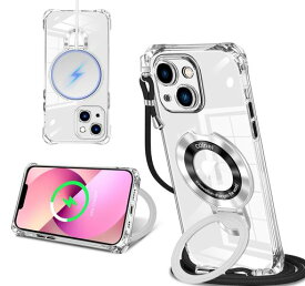 iPhone13mini用ケースクリアMagSafe対応リング付きネックショルダーアイフォン13mini縄掛けケース透明肩掛け斜めかけ韓国可愛い縄掛けカバー丸型スタンド付きマグネット搭載縦横両対応耐衝撃