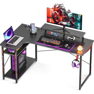 ODKゲーミングデスクl字パソコンデスク幅130コンセント付きpcデスクデスク机ラック付きdesk収納組立簡単左棚Black