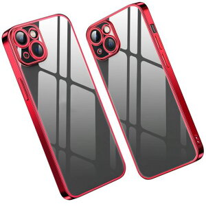 iPhone15Plus用ケースクリアレンズ保護TPU透明耐衝撃軽量「改良モデル」ストラップホール付きワイヤレス充電アイフォン15Plus用カバー6.7インチスマホケースレッド