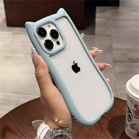 iPhone12pro用シリコンケース可愛い猫耳アイフォンケース透明携帯電話カバーレンズ女性向け柔らかい青
