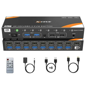 KCEVE 8����1�o�� KVM�X�C�b�`�A4K@60Hz USB3.0�Ή��A�z�b�g�L�[&�����R������A�L�[�{�[�h �}�E�X ���j�^�[��8PC�ŋ��L�A�h���C�o�[�s�v�AWindows/Linux/Mac�Ή�