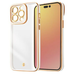 デジタルアルキミストiPhone15ProMaxケースクリアメタルフレームカメラ保護耐衝撃メッキ加工ストラップホール付きアイフォン15プロマックスカバー/ホワイト/ゴールド