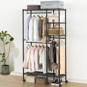 BreeRainzハンガーラック洋服掛け衣類収納2段大容量耐荷重230kgスチール製キャスター付き高さ調節可能組み立て簡単幅86x奥行39x高さ198cmブラック日本語説明書付き