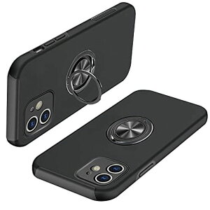 iPhone12ケースリング付きPCTPU耐衝撃一体型携帯カバーアイフォン12ケース指紋防止360°回転スタンド機能車載ホルダー対応人気衝撃吸収傷つけ防止ケースブラック