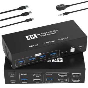 DISPLAYPORT KVM�X�C�b�` 2����2�o�� 4K@60HZ �f���A�����j�^�[ DISPLAYPORT KVM �ؑ֊� �p�\�R��2�䃂�j�^�[2��؂�ւ� 4��USB 3.0�|�[�g �L�[�{�[�h/�}�E�X/�v�����^�[/���̃f�o�C�X�Ή�