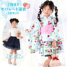 子供用浴衣 ドレス ワンピースタイプ 3点セット 女の子 100/110/120/130 [浴衣上着+ワンピース+兵児帯] 水色ギンガムチェックイチゴ柄 変わり織 2wayセパレート浴衣 2部式 ツーピース ワンピゆかた HYJ