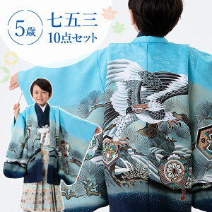 七五三 着物 5歳 羽織袴セット 男の子 10点フルセット 着付けマニュアル付き 水色地に鷹に鏡 絵羽柄 和柄 古典柄 正統派 水色/紺/青/白 HAO0-d