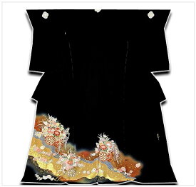 「京友禅作家 松井青々」作 金駒刺繍 花車模様 ボカシ 絶品 最高級 正絹 黒留袖