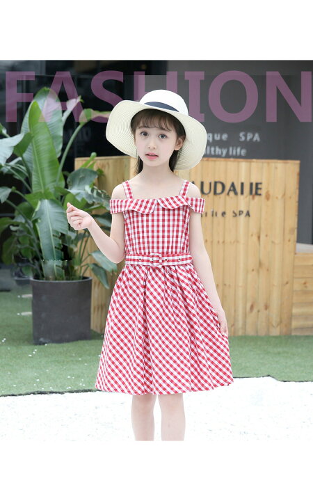 楽天市場 韓国子供ワンピース 女の子 春夏 ワンピース 半袖 キャミワンピ ワンピース オフショルダーワンピース チェック柄 リボン付 プルオーバー キッズ用 100 160cm 京プランshop