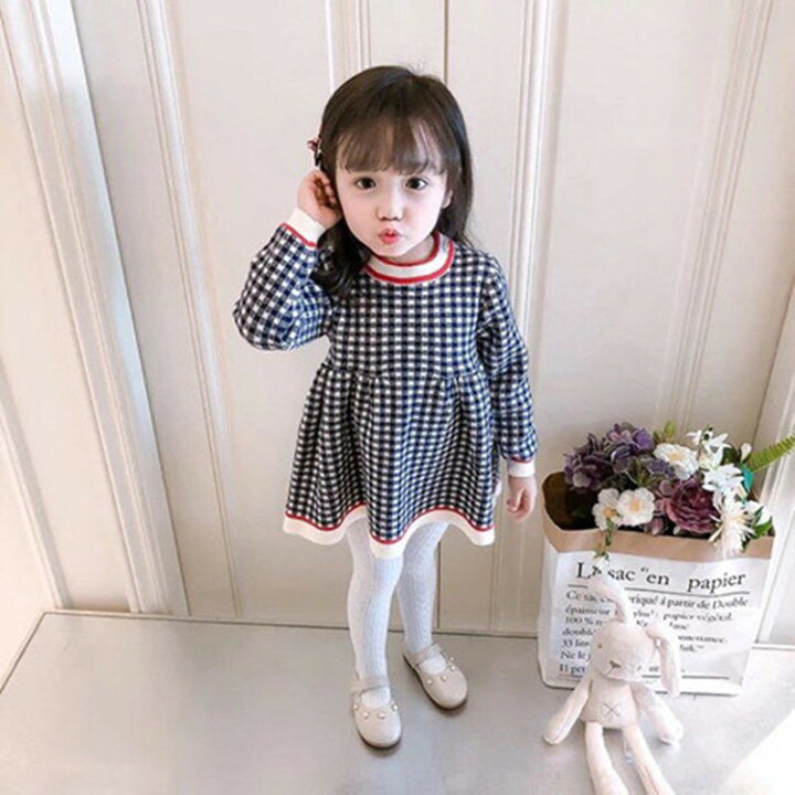 楽天市場 子供服 長袖 ニット ワンピース 秋冬 女の子 ベビー服 チェック柄 ワンピースドレス 韓国子供服 キッズ こども ワンピース80 130cm 京プランshop