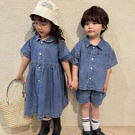 ワンピース キッズ セットアップ 半袖 夏 子供服 女の子 男の子 おしゃれ 韓国子ども服 Tシャツ デニムパンツ ジュニア ベビー服 トップス ボトムス 入学 入園 かわいい 誕生日 プレゼント シンプル 姉妹 双子 150cm 140 130 120 110