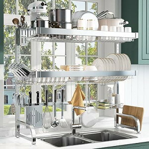 キッチンラック シンク上 収納 水切りラック シンク上 食器 水切り シンク上 ラック 収納棚 強化型 高い安定性 自動排水 組立簡単 水切りラックステンレス 大容量 省スペース シルバー【3段