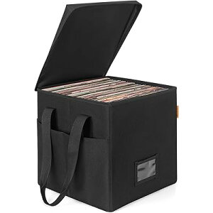 レコードケース ビニールレコード保管ボックス 長さ34.5 x 幅34 x 高い34cm 12インチ LPレコード用収納ボックス蓋付き LP盤約70枚収納可能 防塵 (ブラック)