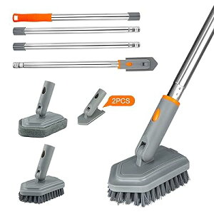 デッキブラシ お風呂掃除 ブラシ お風呂ブラシ 伸縮ロング83〜142cm 角度調整可能 ベランダ掃除用ブラシ 風呂 浴室 浴槽 ベランダ掃除 切替ヘッド 浴槽 タイル クリーニング用 (グレー)