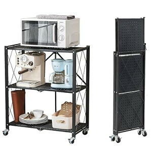 折りたたみラック 収納ラック スチールラック 棚 3段 幅71x奥行36x高さ90cm キャスター付きメタルラック 折り畳み棚 コンパクト 組立簡単 移動便利 防サビ加工(ブラック)