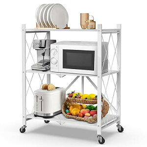 折りたたみラック 収納ラック スチールラック 棚 3段 幅71x奥行36x高さ90cm キャスター付きメタルラック 折り畳み棚 コンパクト 組立簡単 移動便利 防サビ加工(ホワイト)