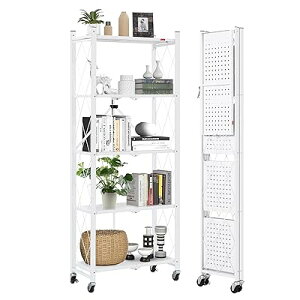 折りたたみラック 収納ラック スチールラック 棚 5段 幅71x奥行36x高さ161cm キャスター付きメタルラック 折り畳み棚 コンパクト 組立簡単 移動便利 防サビ加工(ホワイト)