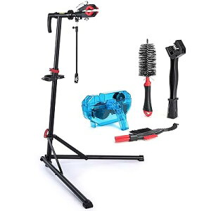 自転車 メンテナンススタンド ワークスタンド クリーナーセット ロードバイク スチール製 高さ/角度調節可 折りたたみ式 ディスプレイスタンド 工具トレー/ハンドル支えバー付 ブラック(C