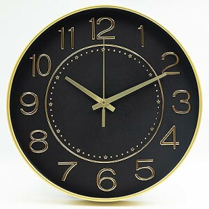 掛け時計 おしゃれ 壁掛け 時計 北欧 連続秒針 静音 30cm (ブラックゴールド)