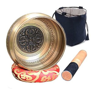 シンギングボウル セット 口径11cm スティック/座布団/巾着袋付き 十字金剛杵彫柄 倍音 仏教 ヒーリング リラックス ヨガ 瞑想 チャクラ 癒し 除霊 浄化 チベット ネパール 手描き シンギング