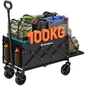 キャリーワゴン 小型 容量65L-90L 耐荷重100kg 長物対応 後部展開可 アウトドアワゴン 折り畳み式キャンプカートリアゲートあり 自立収納 静音キャンプ/砂浜/釣り/引越し/買い物/ゴミ出し Black