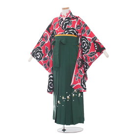 【レンタル】小学生卒業式袴 レンタル 袴レンタル 小学校卒業式 卒業式袴セット 小学生 卒業式 袴 袴セット 女の子 着物レンタル ジュニア 女子 人気 12歳前後148～153cm 往復送料無料 1321赤黒バラ/グリーン