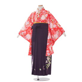 【レンタル】小学生卒業式袴 レンタル 袴レンタル 小学校卒業式 卒業式袴セット 小学生 卒業式 袴 袴セット 女の子 着物レンタル ジュニア 女子 人気 12歳前後 145～150cm 往復送料無料 1346 赤色小花/紫刺繍入り袴85