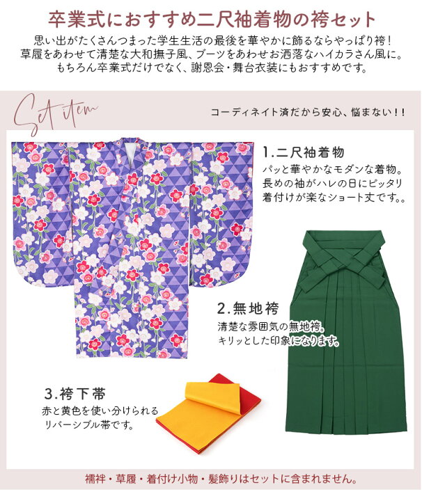 二尺袖着物/袴5点セット ちかっ 大学生卒業式向き ショート丈タイプ/