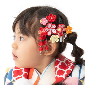 七五三 髪飾り 3歳 5歳 7歳 三歳 五歳 七歳 和装 子供 花 ちりめん つまみ細工 パッチン留め 2点セット 梅づくし 赤 ピンク ヘアアクセサリー 753【送料無料】