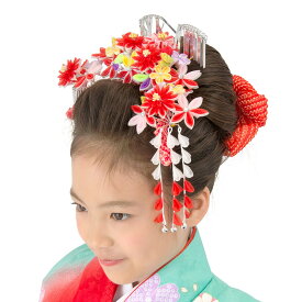 七五三 髪飾り 日本髪 勝山かんざしセット 7歳 七歳 7才 七才 つまみ細工 ちんころ 4点セット 赤 チュール ピンク 花の調べ 花 簪 和装 子供 ヘアアクセサリー