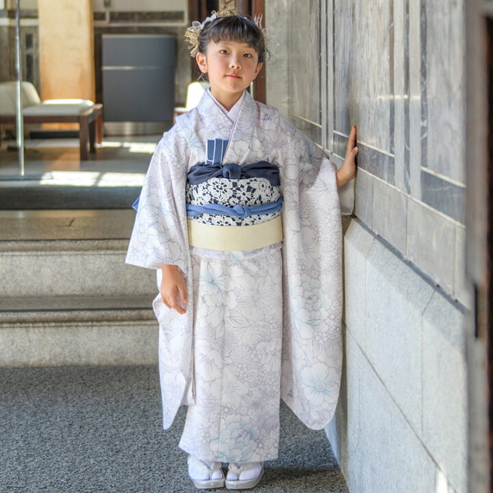 七五三 7歳用女の子高級着物フルセット【日本製】◇白色系 大花◇J1102 