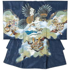 お宮参り 産着 男の子 初着 着物 お祝い着 赤ちゃん ポリエステル 黒 紺 水色 茶 山吹 鷹 兜 扇 束のし 向い鶴 松 龍 化粧箱入り 男児 販売