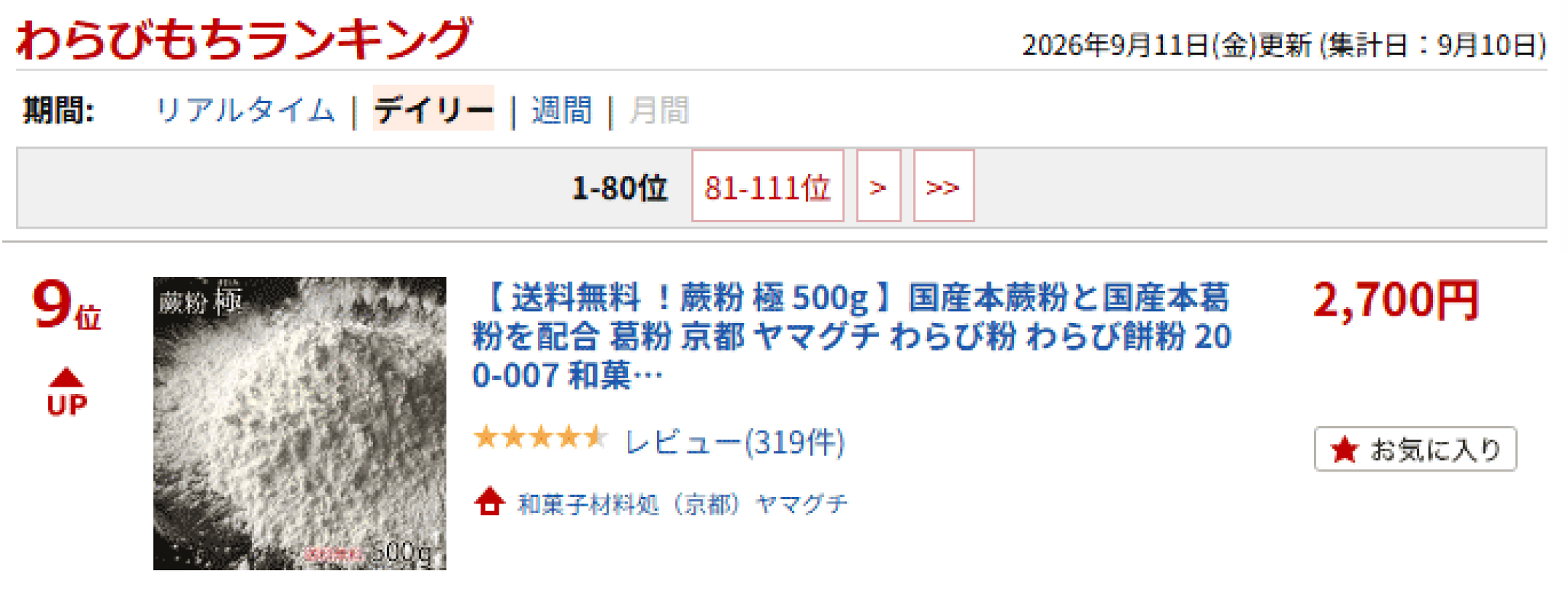 わらびもちランキング　デイリー9位　蕨粉極