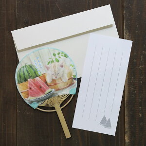 一筆箋付・竹うちわグリーティングカードねこ・のんびりしましょううちわ,一筆箋,猫,スイカ,西瓜