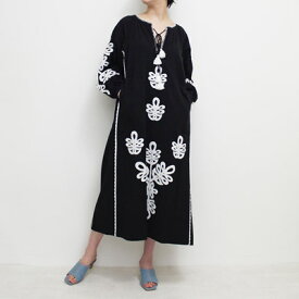 Sara mallika サラ マリカ ロングドレス レディース ワンピース 刺繍 ビッグシルエット サイズS ブラック/黒 KAZAKHSTAN PATCHWORK EMB DRESS -BLACK-