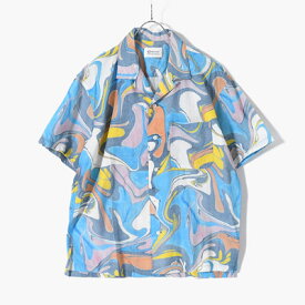 KUON クオン 半袖シャツ メンズ トップス オープンカラー 墨流し セットアップ サイズM-L ブルー/青 Suminagashi Printed Camp Collar Shirt -MULTI-