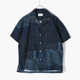 KUON クオン 半袖シャツ メンズ トップス オープンカラー 襤褸 パッチワーク サイズM-L ネイビー/紺 Boro Printed Camp Collar Shirt -NAVY-